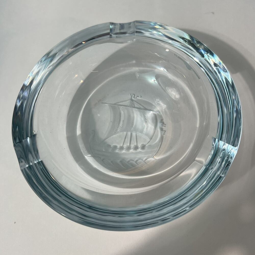 Vintage Strombergshyttan Sweden Ship‎ Etched MCM Art Glass Clear Ashtray Signed